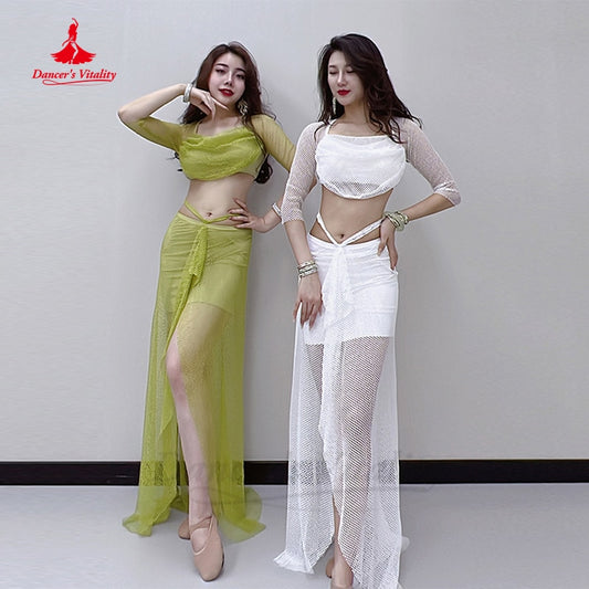 Belly Dance Costumes Mesh Half Sleeves Top+hip Long Skirt 2pcs Oriental Training Suit Female Bellydance Performance Suit