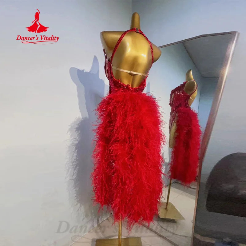 Latin Dance Performance Clothing Women's Customized High Luxury Feather Diamond Tassel Dress Adult Children Competition Dresses