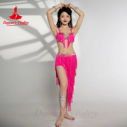 Belly Dance Performance Costume Set for Women Senior Bra+2 Sleeves+long Skirt 3pcs Custom Oriental Belly Dancing Wear Outfit