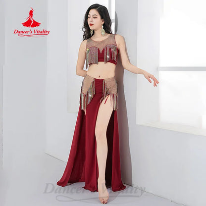 Belly Dance Performance Costume Women's Customized Light Luxury AB Stones Tassel Set Adult Oriental Dance Competition Clothing