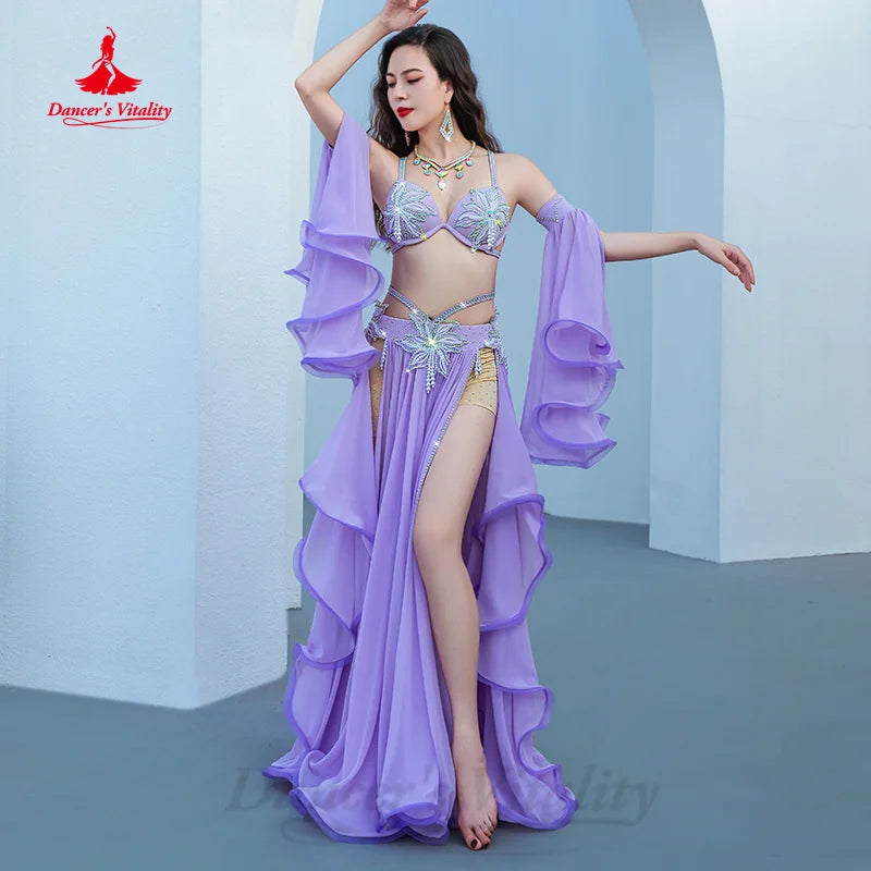 BellyDance Light Luxury Set Customization Pearl Bra+sleeves+chiffon Split Long Skirt 3pcs Oriental Dance Performance Costumes