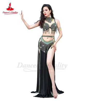 Belly Dance Performance Costume Suit Women Children Customsized AB Stones Bra+necklace+split Long Skirt 3pcs Bellydance Outfit