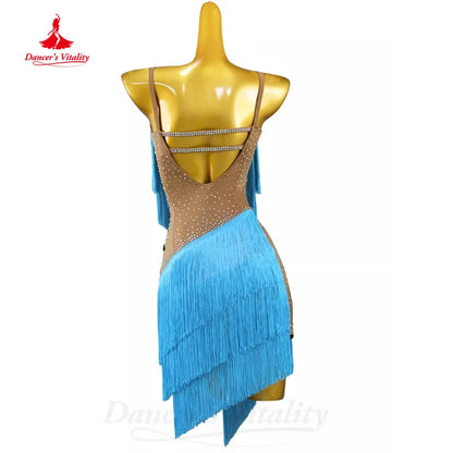 Latin Dance Performance Costumes Customized Light Luxury AB Stones Irregular Tassel Dress Adult and Children's Practice Clothes