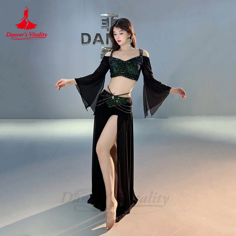 Belly Dance Costume Set for Women Mesh Long Sleeves Top+gauze Long Skirt 2pcs Training Set Oriental Belly Dancing Wear Outfit