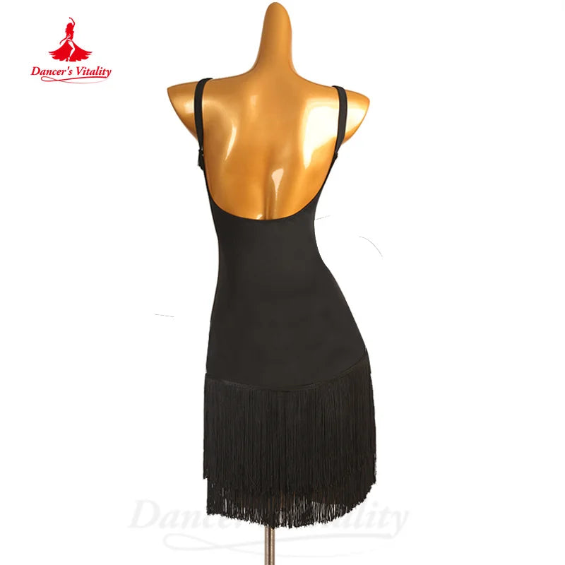 Latin Dance Professional Practice Clothing Customized Sexy Black Tassel Split Dress Women Tango Chacha Samba Performance Costume