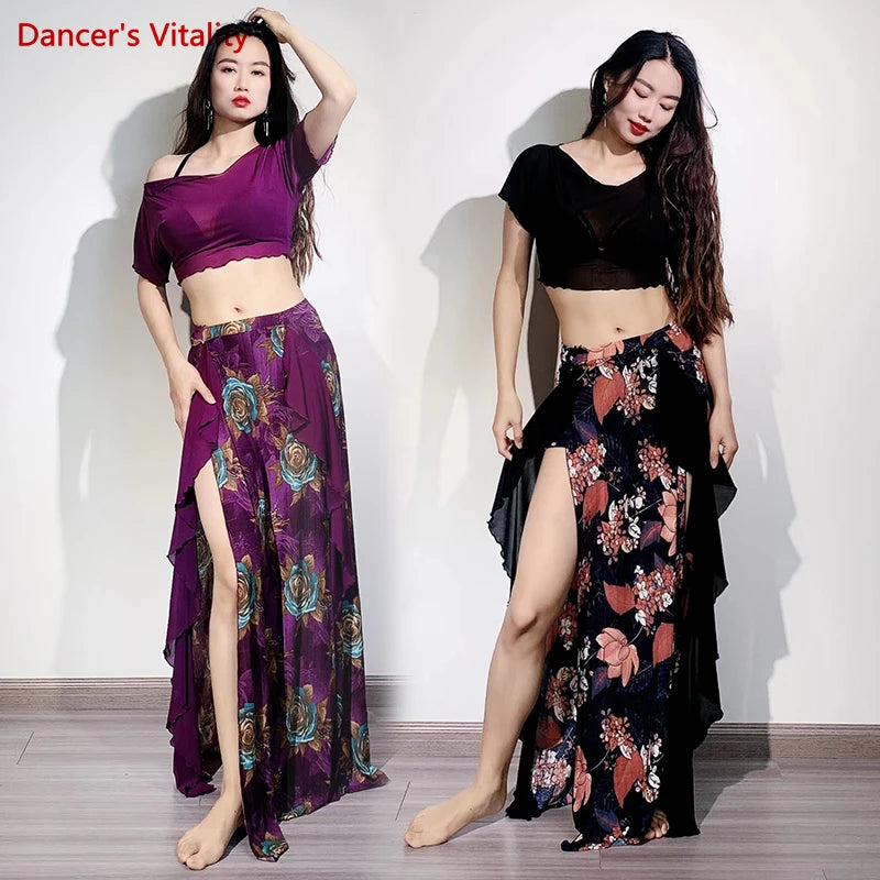 Belly Dance Practice Clothes for Women Belly Dance Suit Mesh Short Sleeves Top+printing Long Skirt Female Oriental Dance Outfit