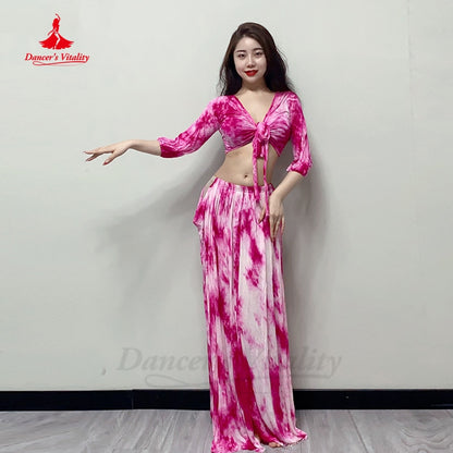 Belly Dance Costumes for Women Short Sleeves Top+tie Dye Printed Skirt 2pcs Oriental Performance Outfit Bellydance Suit