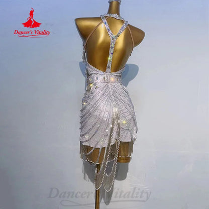 Latin Dance Costume Women's Customized Luxury Rhinestone Sexy Backless Tassel Dress Tango Chacha Samba Performance Clothing