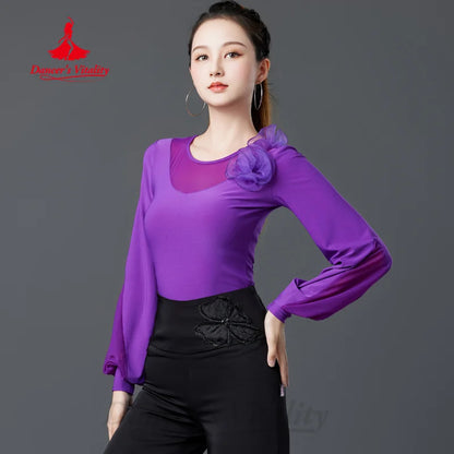 Modern Dancing Latin Dance Tops Women's Customized Exquisite Flower Long Sleeved Top Adult Tango Chacha Samba Training Clothes