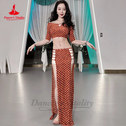 Belly Dance Suit for Women Short Sleeves Top+split Long Skirt 2pcs Polka Dot Training Suit Adult Oriental Belly Dancing Outfit