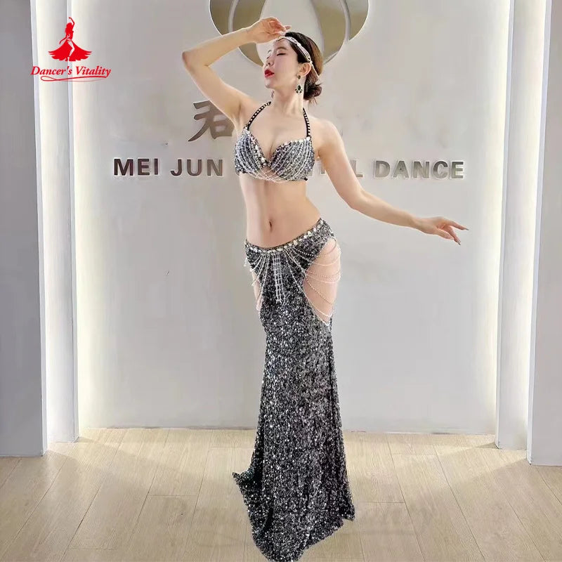 BellyDance Costume Customized Luxury Rhinestones Bra+Sexy Sequin Long Skirt Set Oriental Dance Professional Performance Clothing