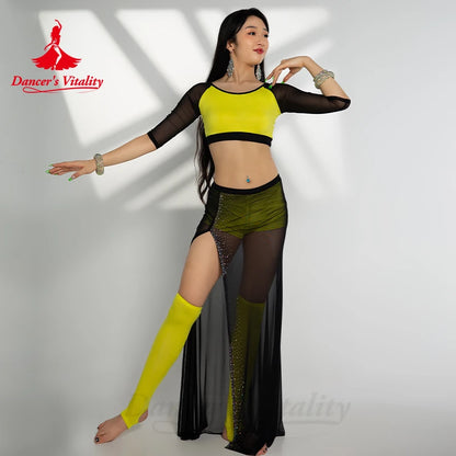 Belly Dance Costume Set for Women Mesh Long Sleeves Top+AB Stones Split Skirt 2pcs Adult Belly Dancing Wer Clothing Outfit