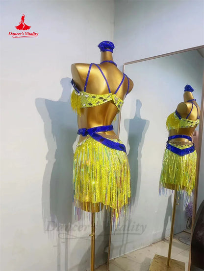 Latin Dance Fringe Dress for Women Custom AB Stones Sequins Rumba Chacha Tango Performance Profession Skirt Latin Tassel Dresses