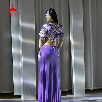 Belly Dance Costume Set Women Gauze Printing Short Sleeves Top+long Skirt 2pcs Training Suit Clothes Girl's Bellydance Outfit