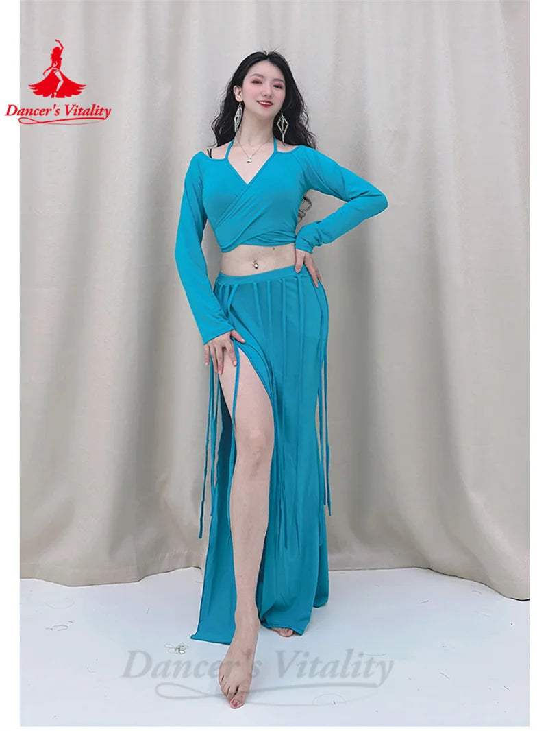 Belly Dance Costume Set for Women Long Sleeves Top+tassel Long Skirt 2pcs Oriental Belly Dancing Practice Clothes Set