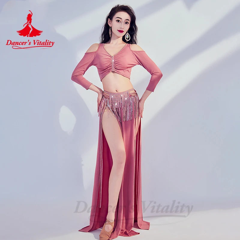 Belly Dance Costume Set for Women Long Sleeves Top+tassel Long Skirt 2pcs Stones Training Suit Oriental Belly Dancing Outfit