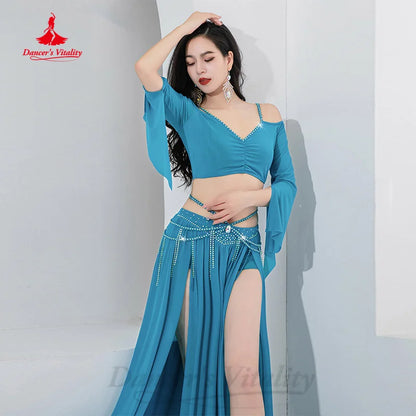 BellyDance Costume Suit Customized Trumpet Sleeve Top+Chiffon Split Long Skirt 2pcs Women's Oriental Dance Performance Clothing