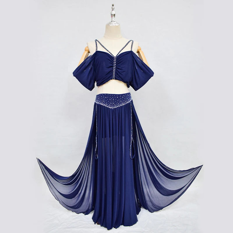 Belly Dance Professional Suit for Women Mesh Short Sleeves Top+sexy Split Long Skirt 2pcs Girl's Oriental Belly Dancing Suit