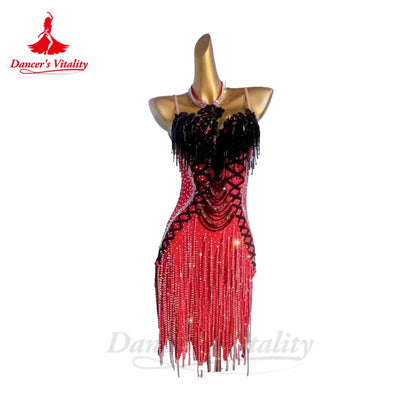 Latin Dance Performance Dress for Women Full Stones Rumba Chacha Tango Competiton Costume Skirt Custom Latin Tassel Dresses