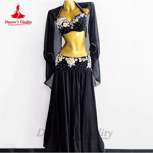 Belly Dance Performance Suit for Women Custom Chiffon Long Sleeves+bra+satin Skirt 3pcs Adult Child Oriental Bellydance Outfit