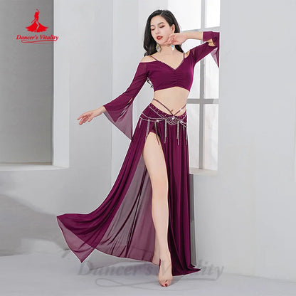 BellyDance Costume Suit Customized Trumpet Sleeve Top+Chiffon Split Long Skirt 2pcs Women's Oriental Dance Performance Clothing