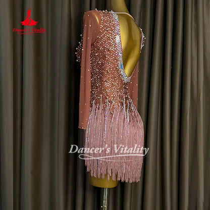 Latin Dance Dresses Custom AB Stones Tassel Long Sleeved Dress for Adult and Children's Competition Clothing Dancer's Vitality