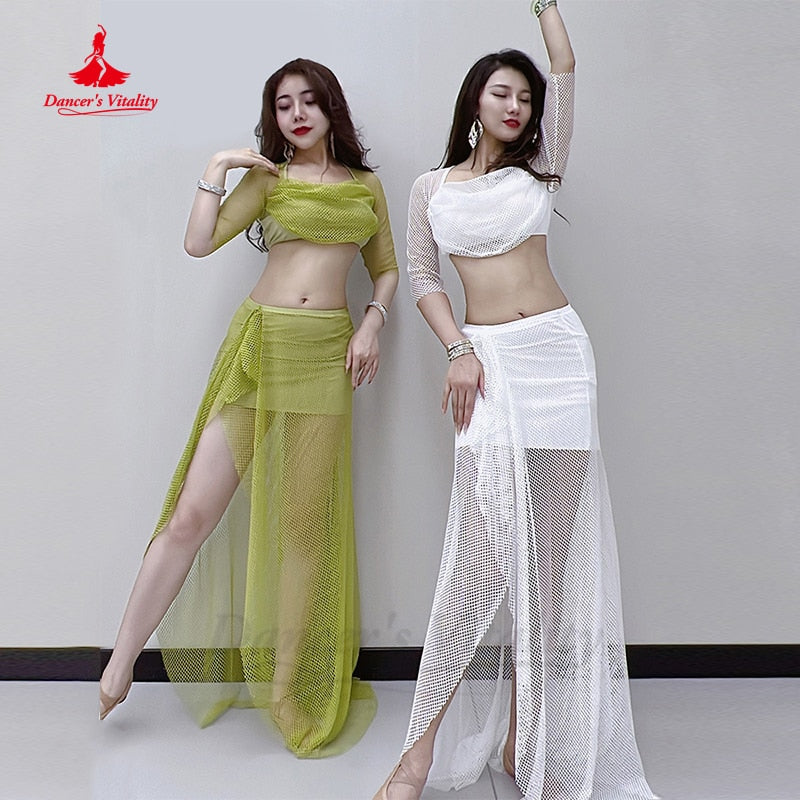 Belly Dance Costumes Mesh Half Sleeves Top+hip Long Skirt 2pcs Oriental Training Suit Female Bellydance Performance Suit