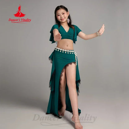 BellyDance Practice Clothes for Kid V-neck Short Sleeved Top+Lace Long Skirt 2pcs Girls Oriental Dance Training Clothing