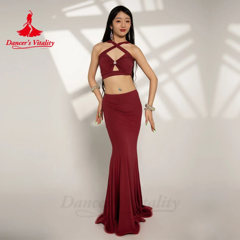 Belly Dance Costume Set for Women Sexy Sleeveless Top+cotton Fishtail Skirt 2pcs Adult Oriental Belly Dancing Wear Clothing