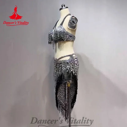 Belly Dance Costume Customized Rhinestone Tassels Bra+leopard Print Skirt 2ps Adult Children Oriental Dance Performance Costumes