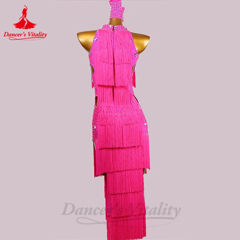 Latin Dance Fringe Dress for Women Senior Stones Tassel Skirt Rumba Chacha Tango Performance Costume Adult Child Latin Dresses