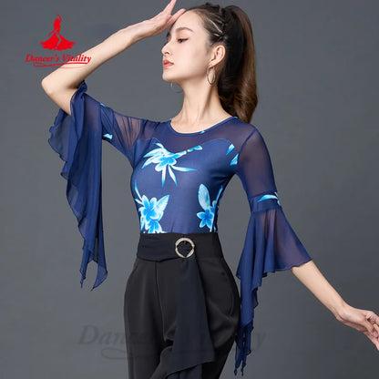 Latin Dance Practice Clothing Women's Customized High End Printed Flare Sleeve Top Chacha Rumba Samba Performance Costume