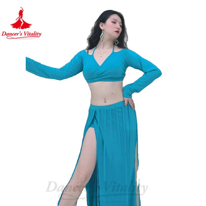 Belly Dance Costume Set for Women Long Sleeves Top+tassel Long Skirt 2pcs Oriental Belly Dancing Practice Clothes Set