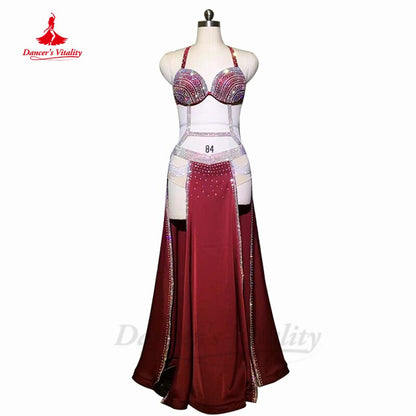 Belly Dance Clothing Performance Clothing Hanf Made Full Stones Bra+split Long Skirt 2pcs Customization Child Adult Dance Outfit