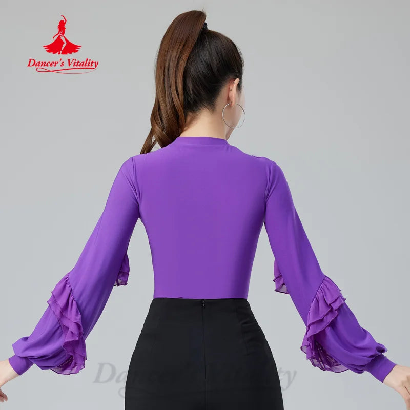 Modern Dancing Tops Adult Customized Comfortable and Breathable Long Sleeved Top Women's Tango Chacha Samba Training Clothes