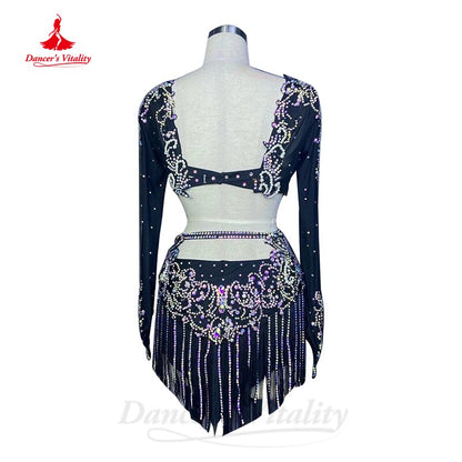 Belly Dance Costume Suit Customsized Mesh AB Stones Long Sleeves Top+tassel Short Skirt 2pcs Belly Dancing Performance Outfit