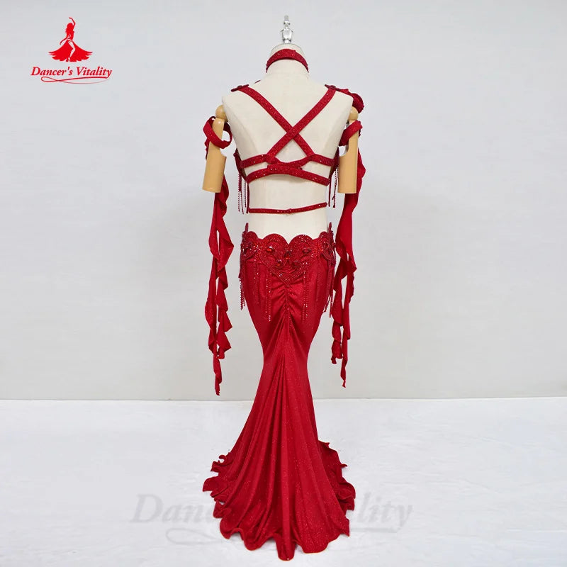 BellyDance Costume Women's Customization AB Stones Tassels Bra+sexy Split Long Skirt 2pcs Oriental Dance Performance Costumes