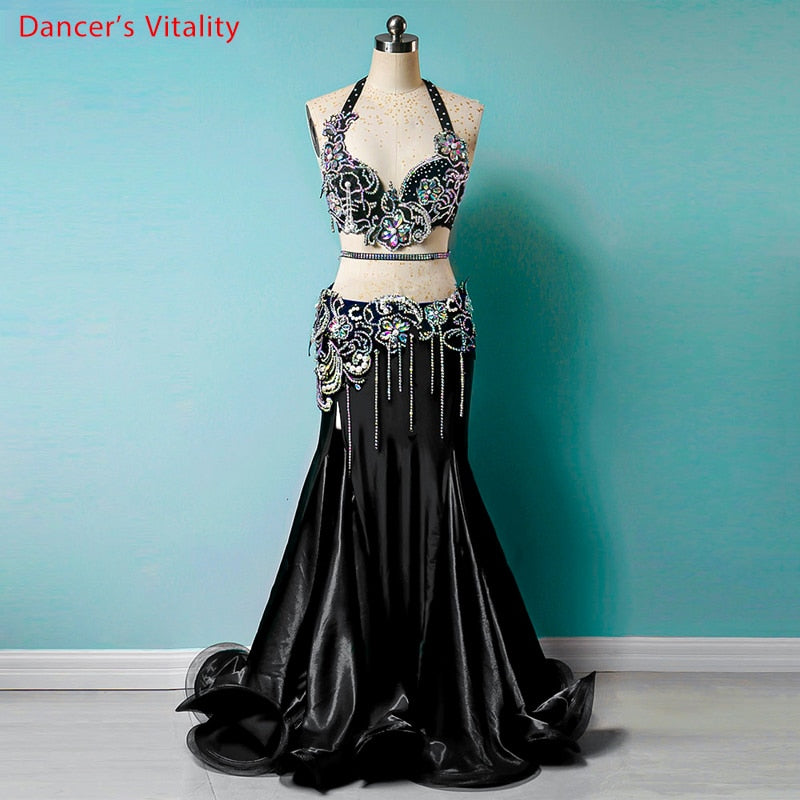 Belly Dance Suit Diamond Bra Tassel Long Skirt Performance Clothing Female Adult Child Competition Clothes Set High-end Custom