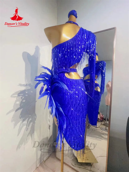 Latin Dance Performance Dress for Women Single Sleeves AB Stones Rumba Chacha Competiton Costume Adult Child Latin Tassel Skirt