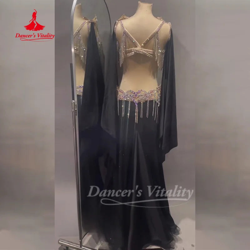 BellyDance Suit Customized Senior AB Stones Bra+Sleeve+Sexy Long Skirt Set Oriental Dance Competition Clothing Dance's Vitality