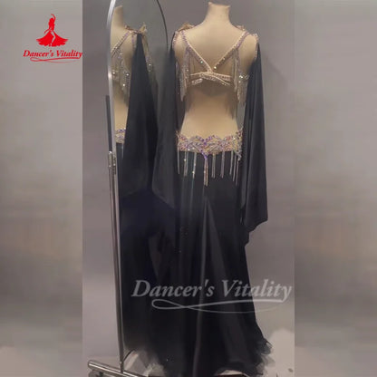 BellyDance Suit Customized Senior AB Stones Bra+Sleeve+Sexy Long Skirt Set Oriental Dance Competition Clothing Dance's Vitality