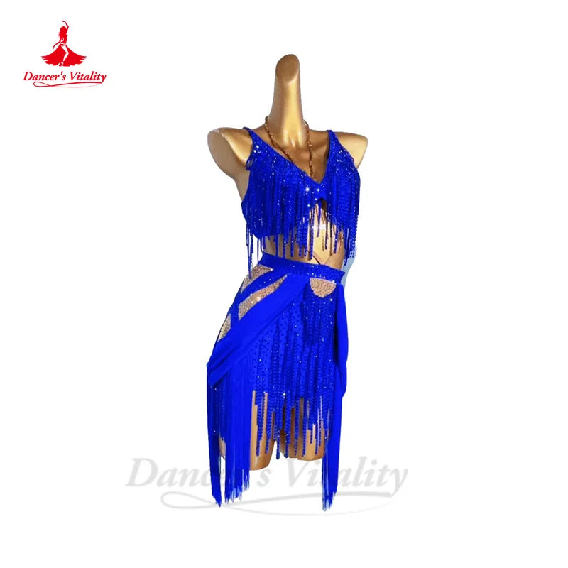 Latin Dance Performance Dress for Lady Rumba Chacha Tango Tassel Skirt Customsize Adult Child Latin Dancing Competiton Dresses