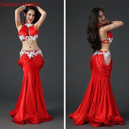 Belly Dance Professional Costume Suit Bra+Satin Long Skirt 2pcs Customzied for Women Oriental Belly Dancing Competiton Clothing