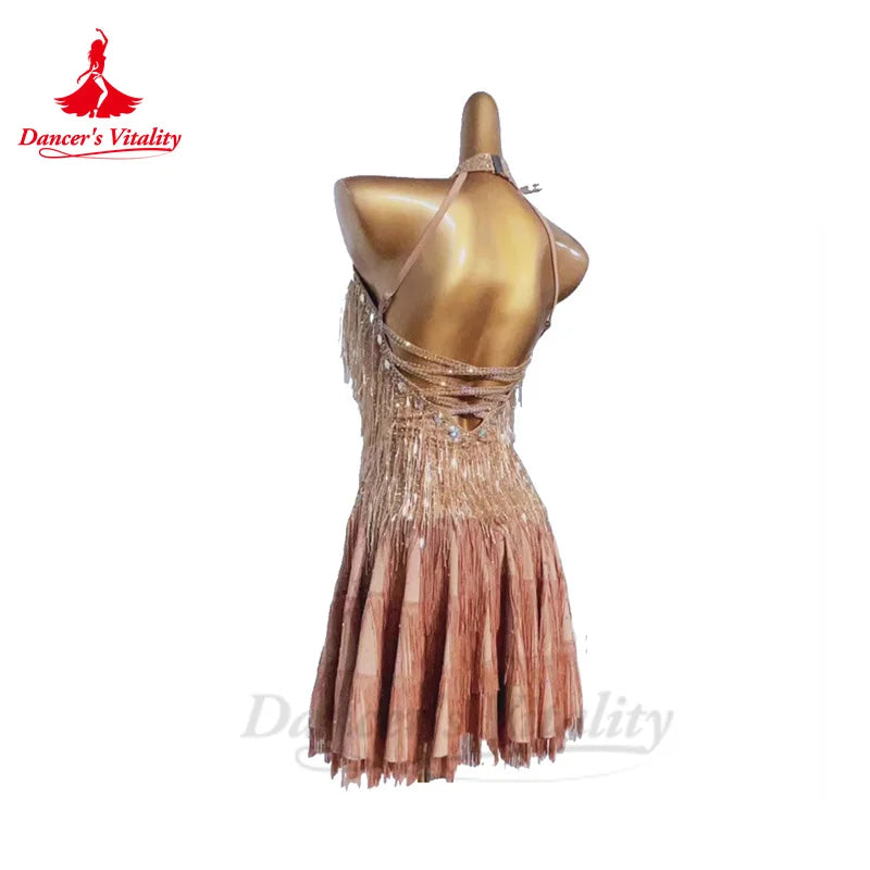 Latin Dance Performance Dresses for Women AB Stones Rumba Chacha Tango Competiton Professional Skirt Custom Latin Tassel Dresses