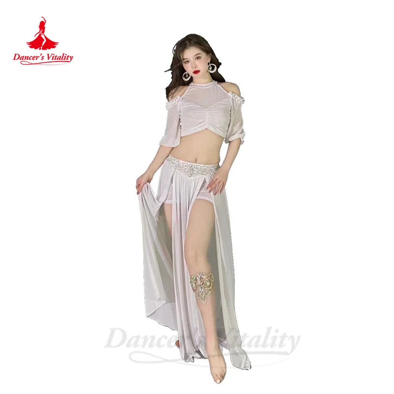 Belly Dance Costume Set for Women Gauze Half Sleeves Top+senior AB Stones Split Skirt 2pcs Adult Oriental Bellydance Outfit