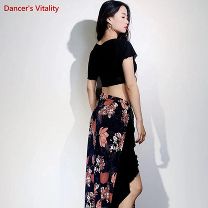 Belly Dance Practice Clothes for Women Belly Dance Suit Mesh Short Sleeves Top+printing Long Skirt Female Oriental Dance Outfit