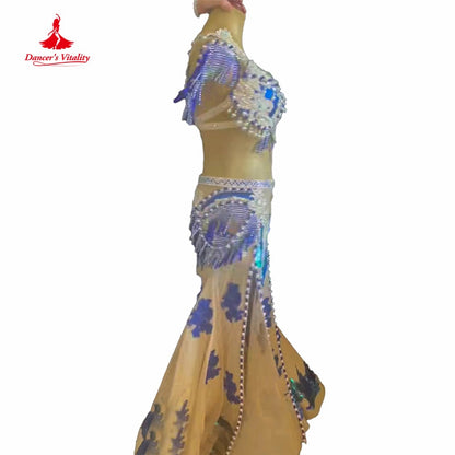 Belly Dance Performance Suit for Women Children Customzied Bra+long Skirt 2pcs Oriental Belly Dancing Competiton Solo Outfit