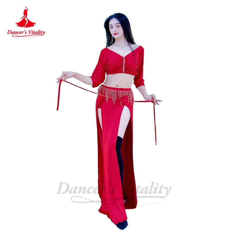 Belly Dance Performance Clothing Half Sleeves Top+tassel AB Stones Long Skirt Training Oriental Belly Dancing Costume Set