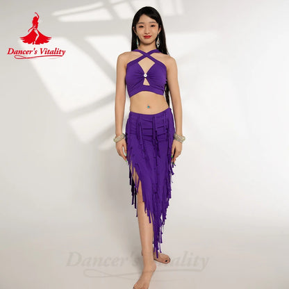 Belly Dance Costume Suit for Women Cotton Top+tassel Skirt 2pcs Oriental Belly Dancing Performance Professional Costumes Set