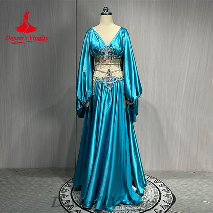 Belly Dance Costume Suit Women's Customized Diamond Long Sleeved Tops+Satin Split Long Skirt Oriental Dance Performance Costumes